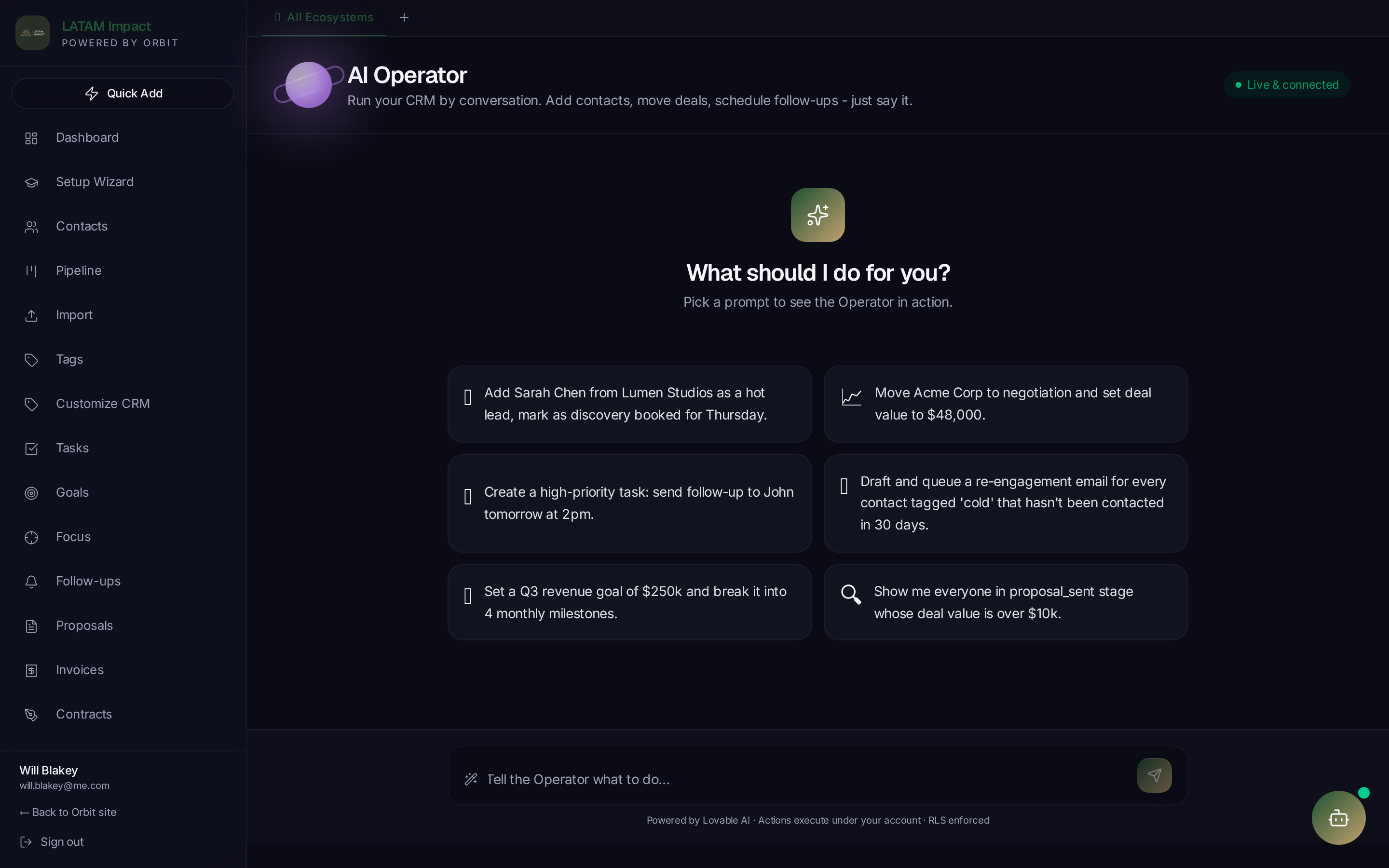 Orbit AI Operator inside the CRM